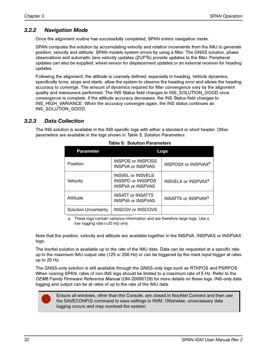 Novatel OM-20000141 user manual Navigation Mode, Data Collection, Inssolutiongood, Solution Parameters, Parameter Logs 