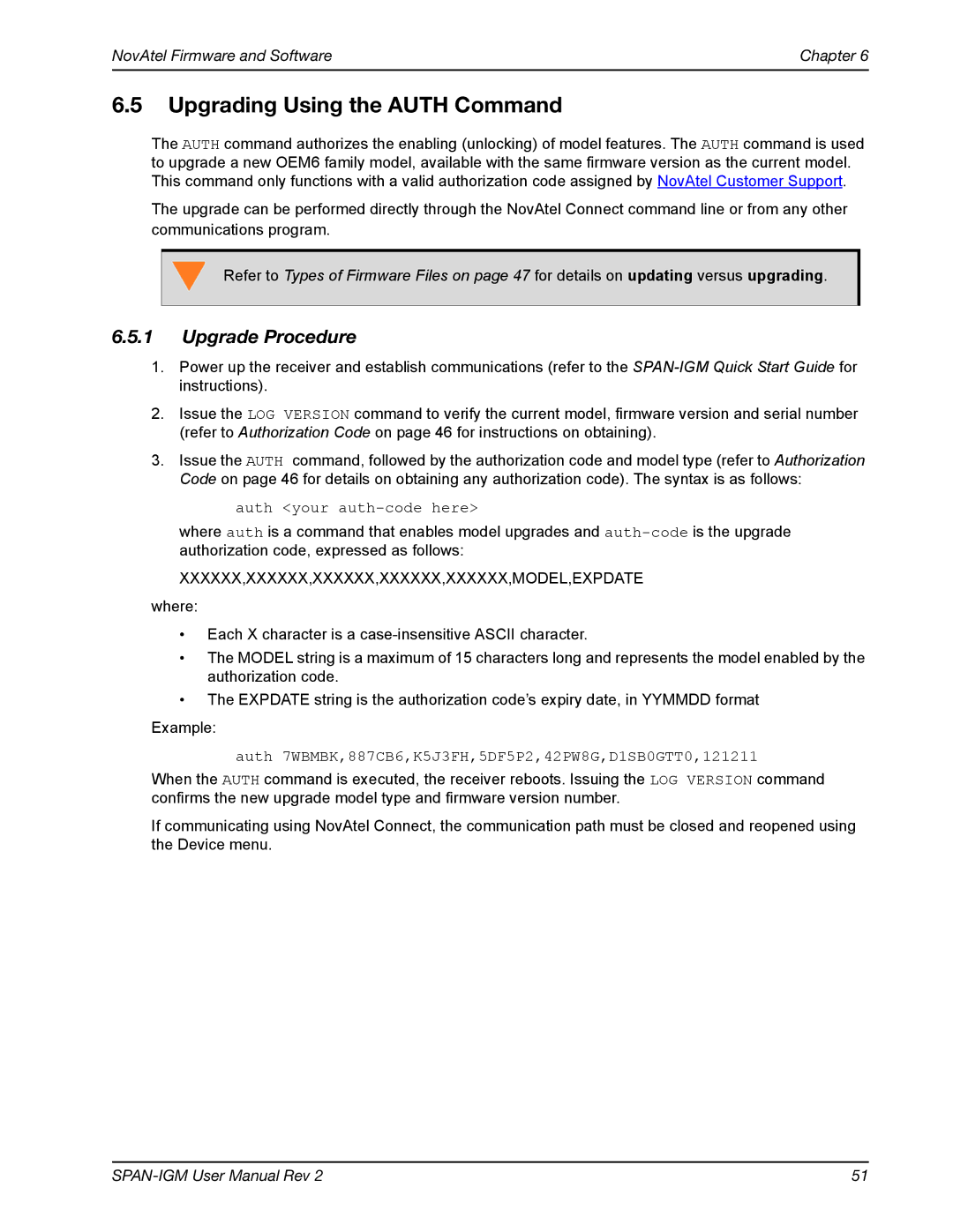 Novatel OM-20000141 Upgrading Using the Auth Command, Upgrade Procedure, Xxxxxx,Xxxxxx,Xxxxxx,Xxxxxx,Xxxxxx,Model,Expdate 