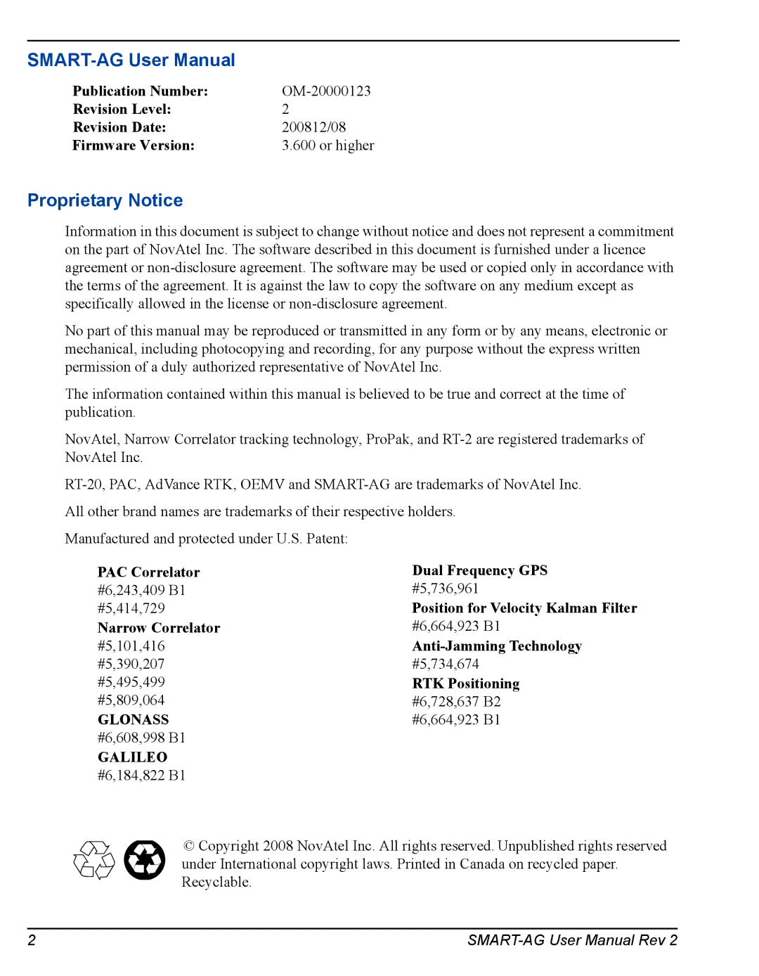 Novatel SMART-AG user manual Proprietary Notice 