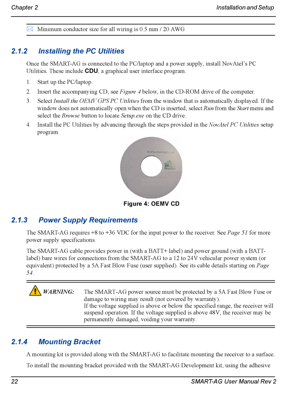 Novatel SMART-AG user manual Installing the PC Utilities, Power Supply Requirements, Mounting Bracket 