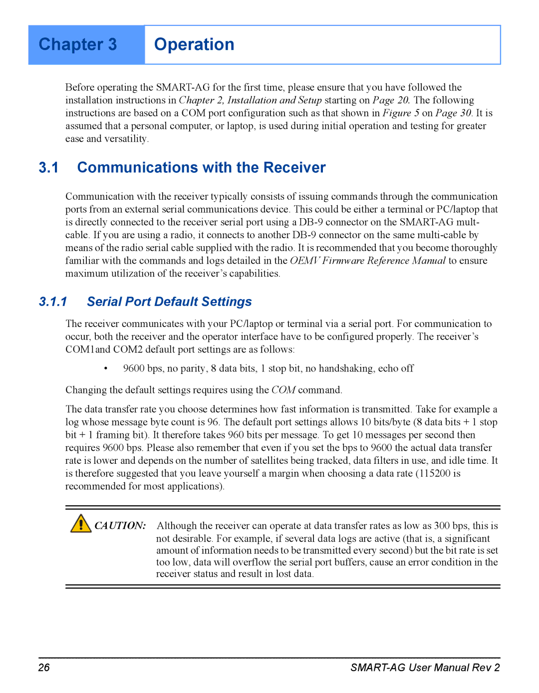 Novatel SMART-AG user manual Chapter Operation, Communications with the Receiver, Serial Port Default Settings 