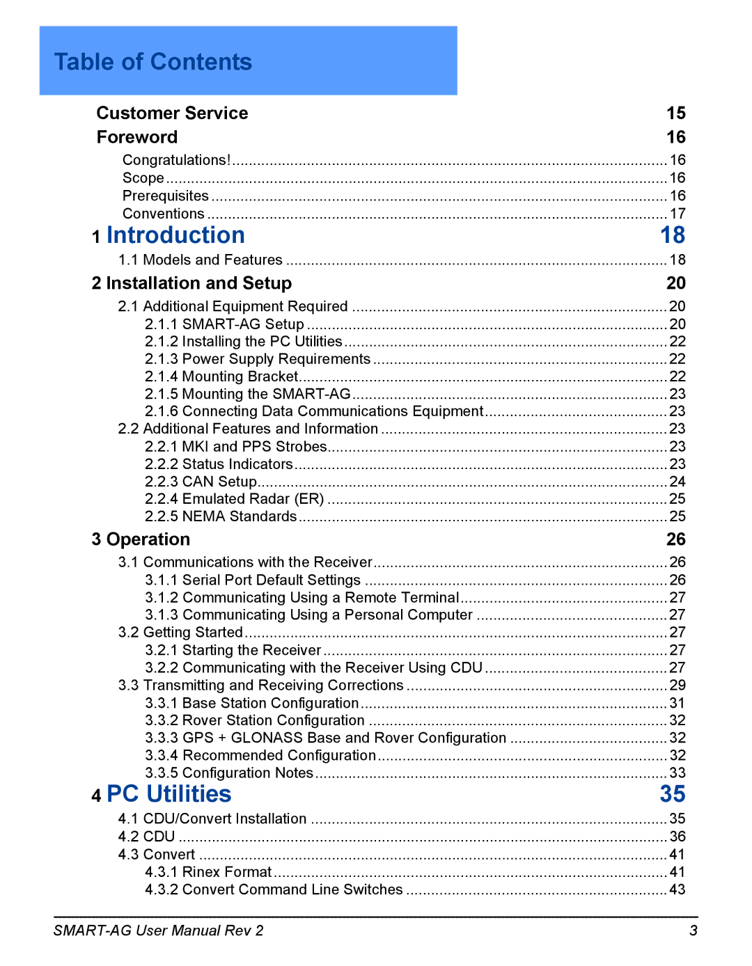 Novatel SMART-AG user manual Table of Contents, Introduction, PC Utilities 