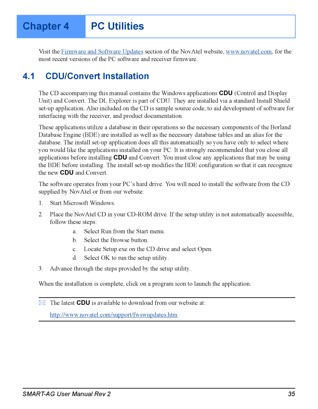 Novatel SMART-AG user manual Chapter PC Utilities, CDU/Convert Installation 