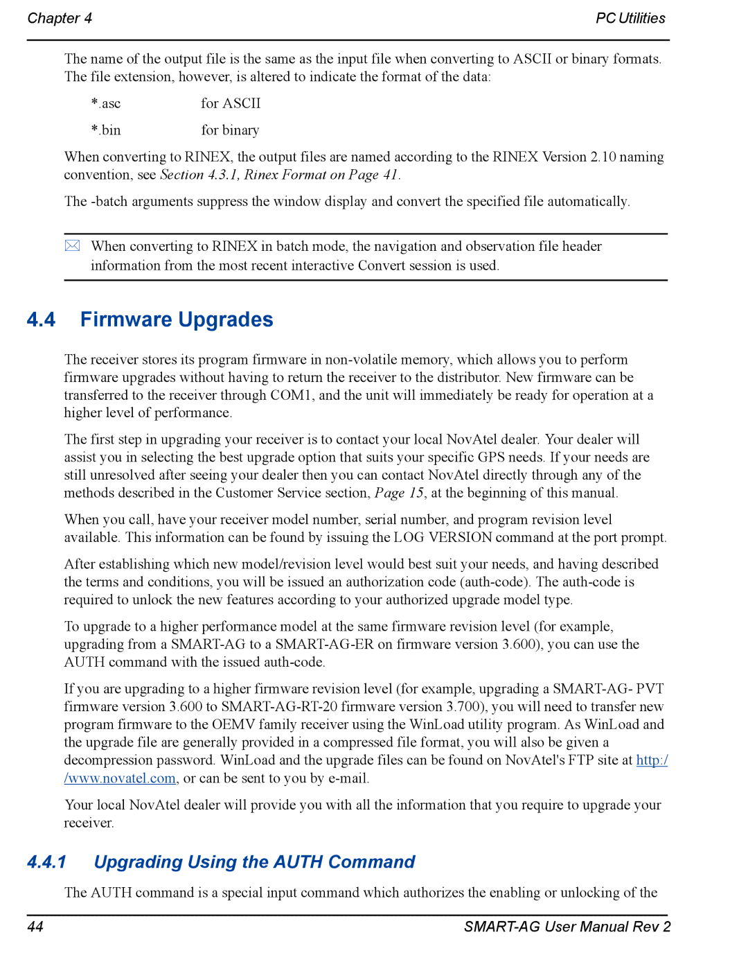 Novatel SMART-AG user manual Firmware Upgrades, Upgrading Using the Auth Command 