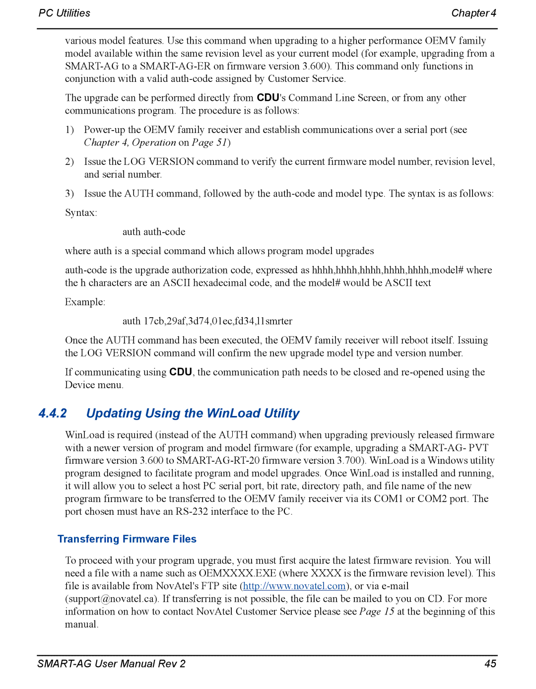 Novatel SMART-AG user manual Updating Using the WinLoad Utility, Transferring Firmware Files 