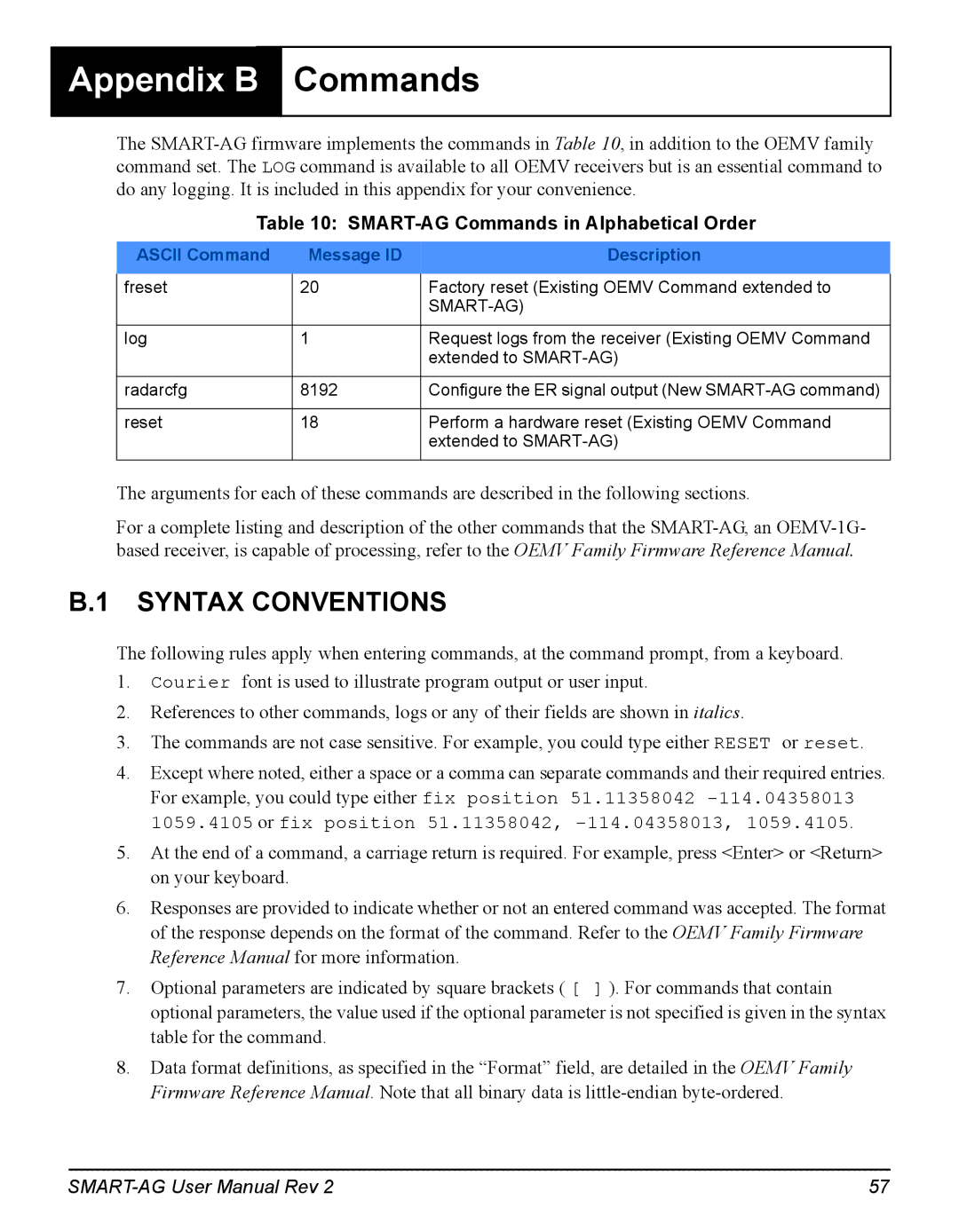 Novatel user manual Appendix B, SMART-AG Commands in Alphabetical Order 