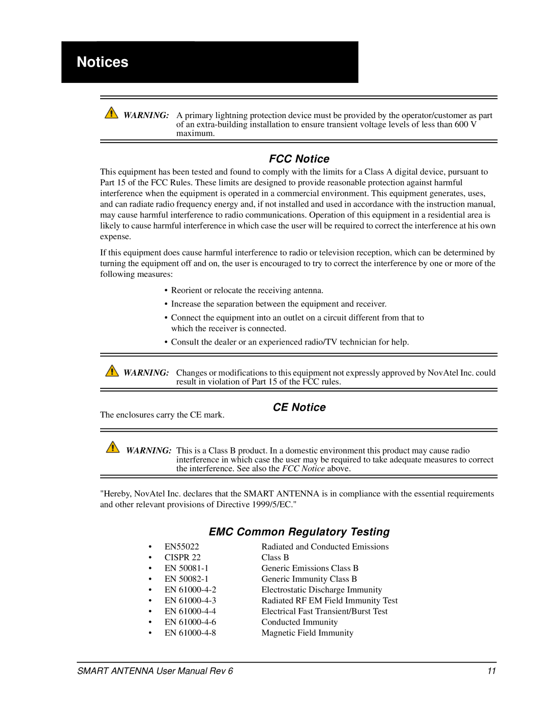 Novatel SMART ANTENNA user manual FCC Notice, CE Notice, EMC Common Regulatory Testing 