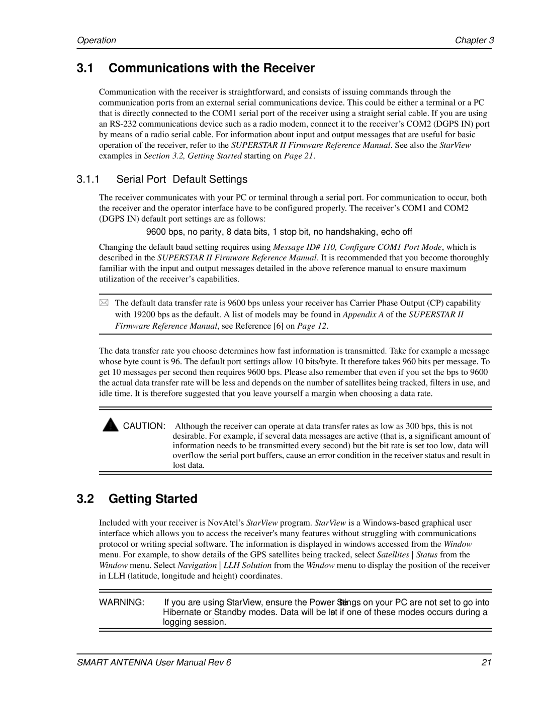 Novatel SMART ANTENNA Communications with the Receiver, Getting Started, Serial Port Default Settings, Operation Chapter 