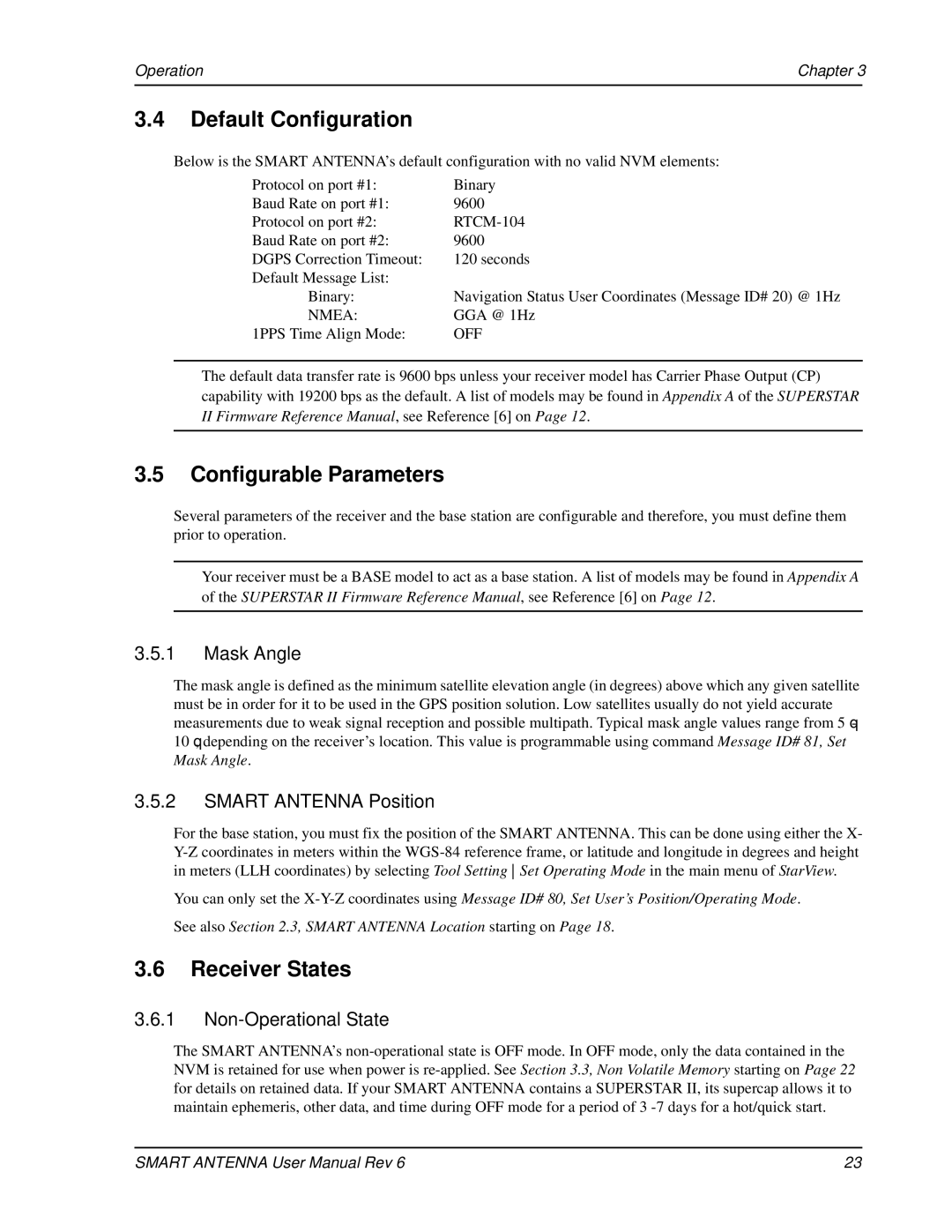 Novatel SMART ANTENNA user manual Default Configuration, Configurable Parameters, Receiver States 