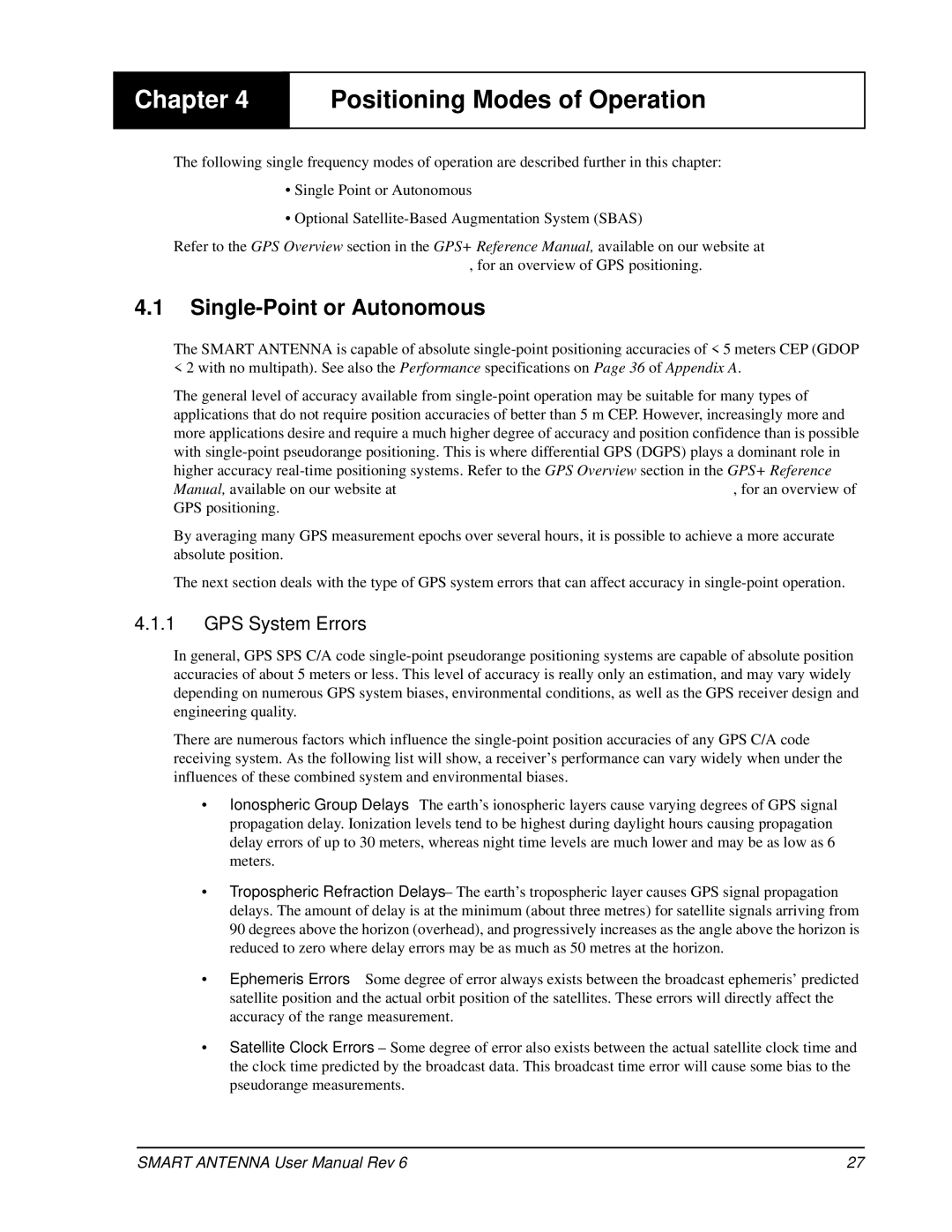 Novatel SMART ANTENNA user manual Positioning Modes of Operation, Single-Point or Autonomous, GPS System Errors 