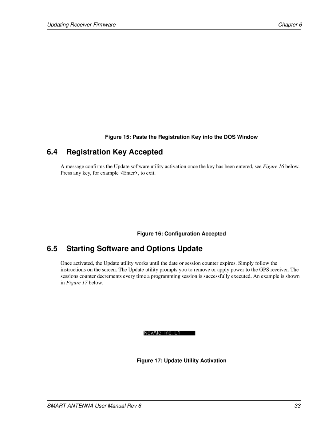 Novatel SMART ANTENNA Registration Key Accepted, Starting Software and Options Update, Updating Receiver Firmware Chapter 