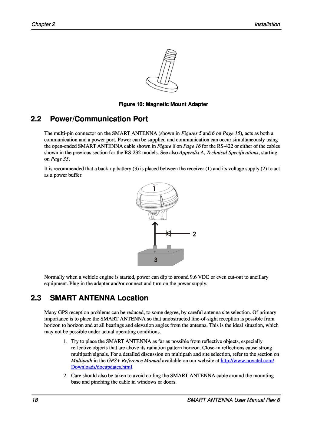 Novatel 2.2Power/Communication Port, 2.3SMART ANTENNA Location, Chapter, Installation, Magnetic Mount Adapter 