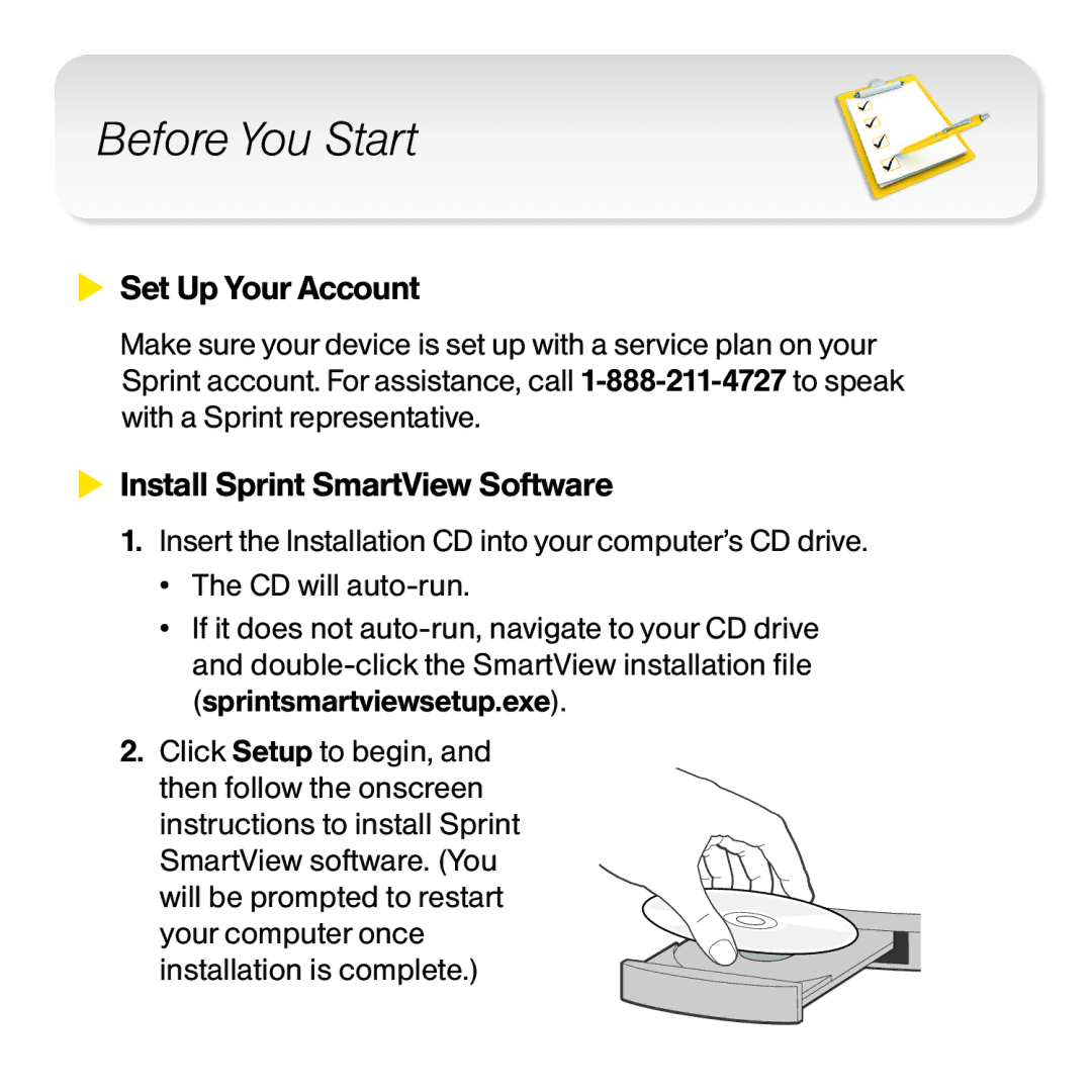 Novatel Wireless CC208 manual Before You Start, Set Up Your Account, Install Sprint SmartView Software 