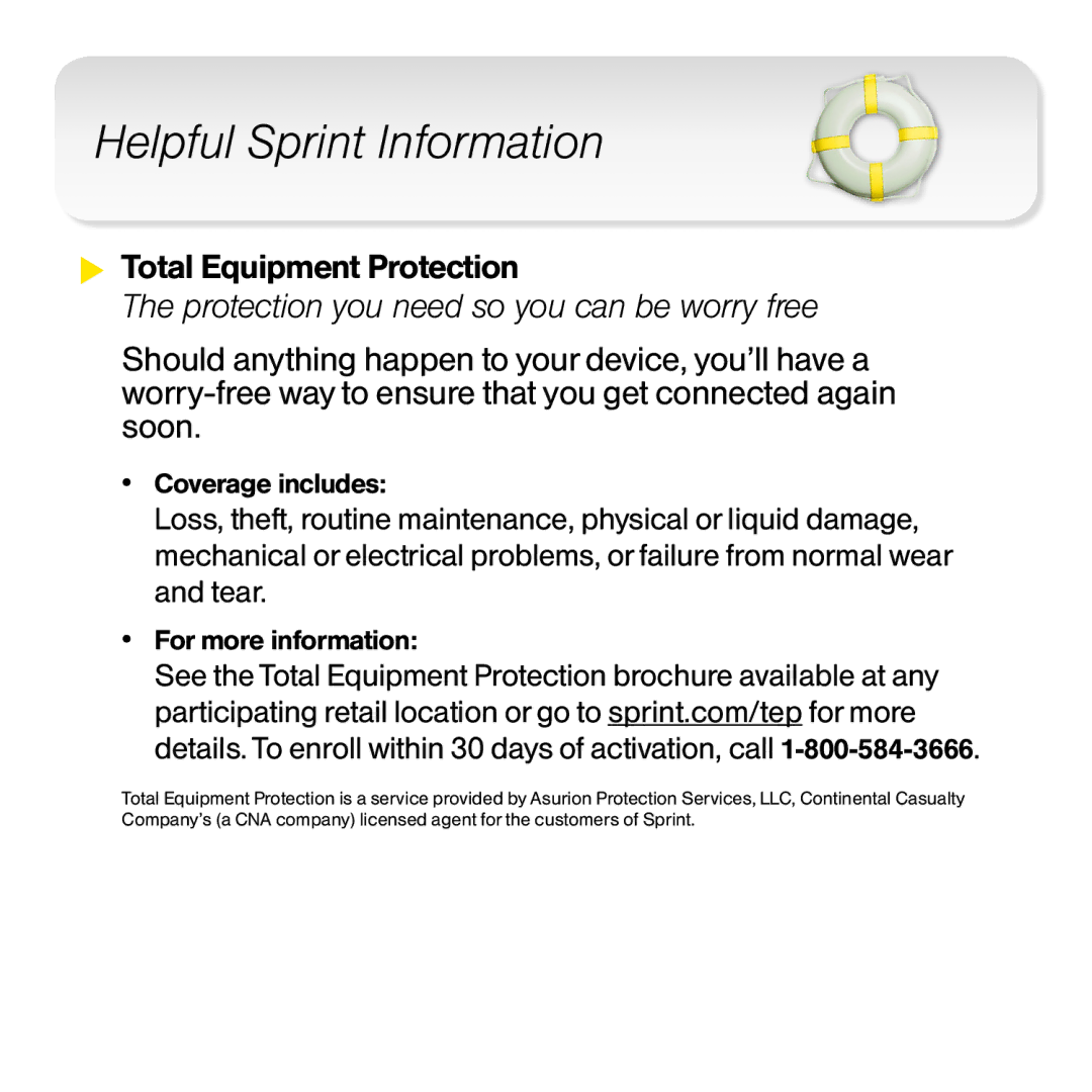 Novatel Wireless CC208 manual Helpful Sprint Information, Total Equipment Protection 