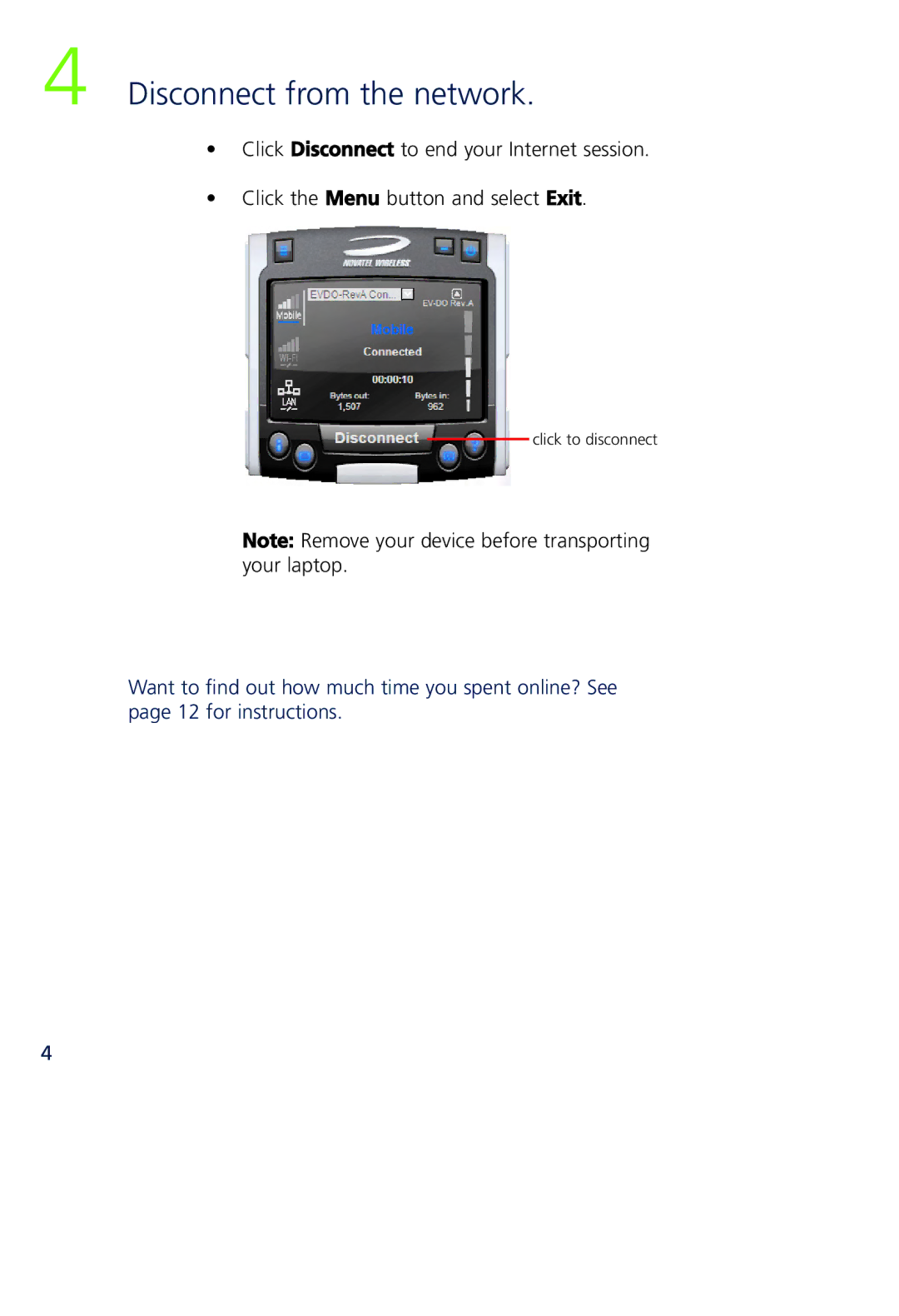 Novatel Wireless MCD3000 quick start Disconnect from the network 