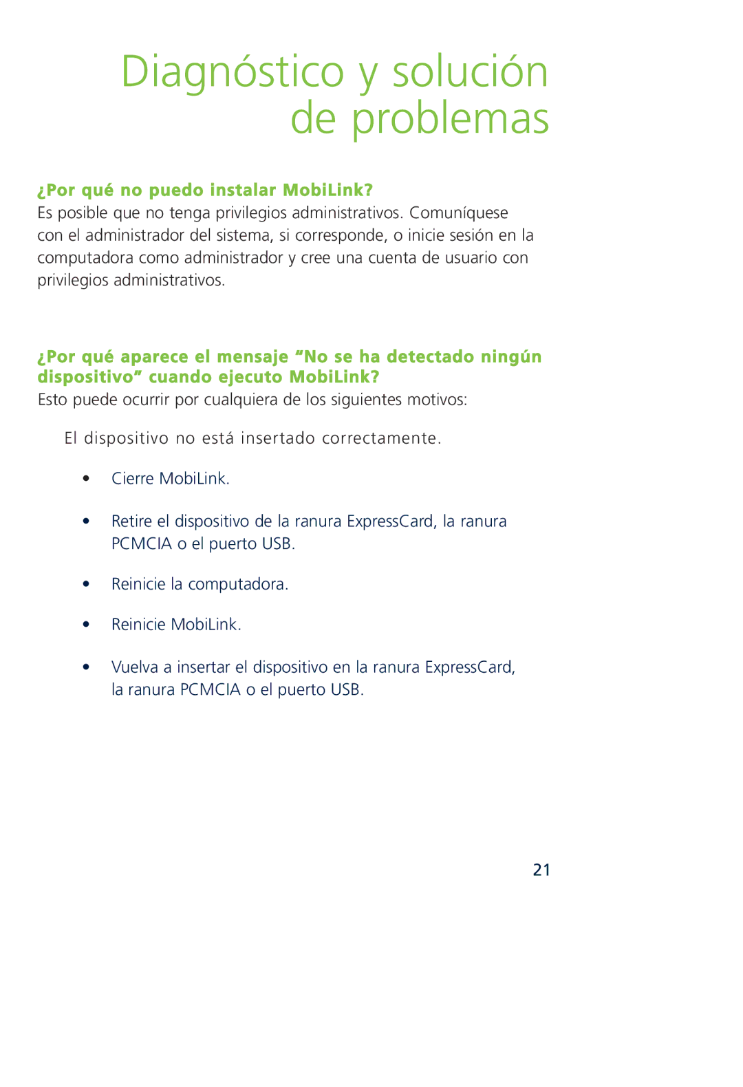 Novatel Wireless MCD3000 quick start Diagnóstico y solución de problemas, ¿Por qué no puedo instalar MobiLink? 