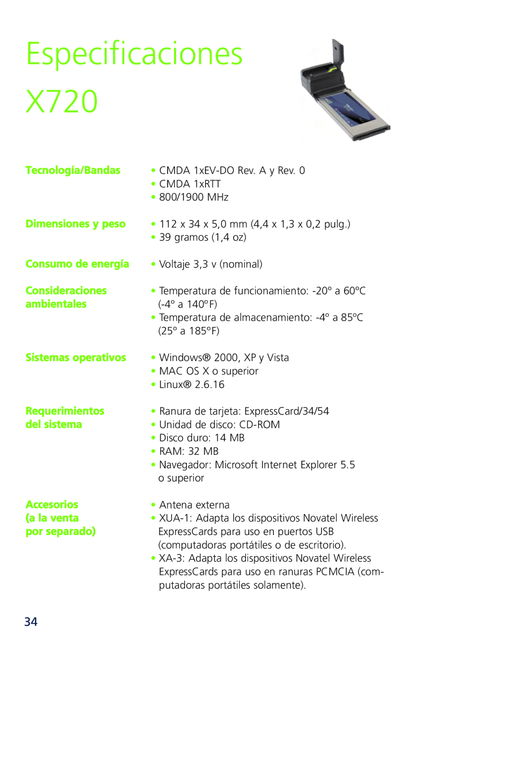 Novatel Wireless MCD3000 quick start Especificaciones X720, Por separado 