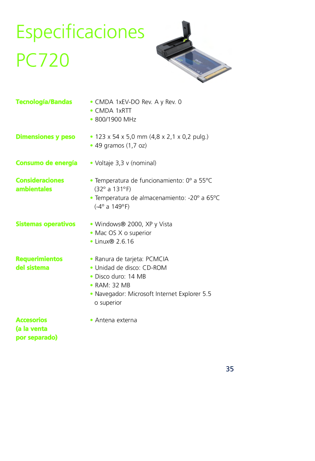 Novatel Wireless MCD3000 quick start Especificaciones PC720 