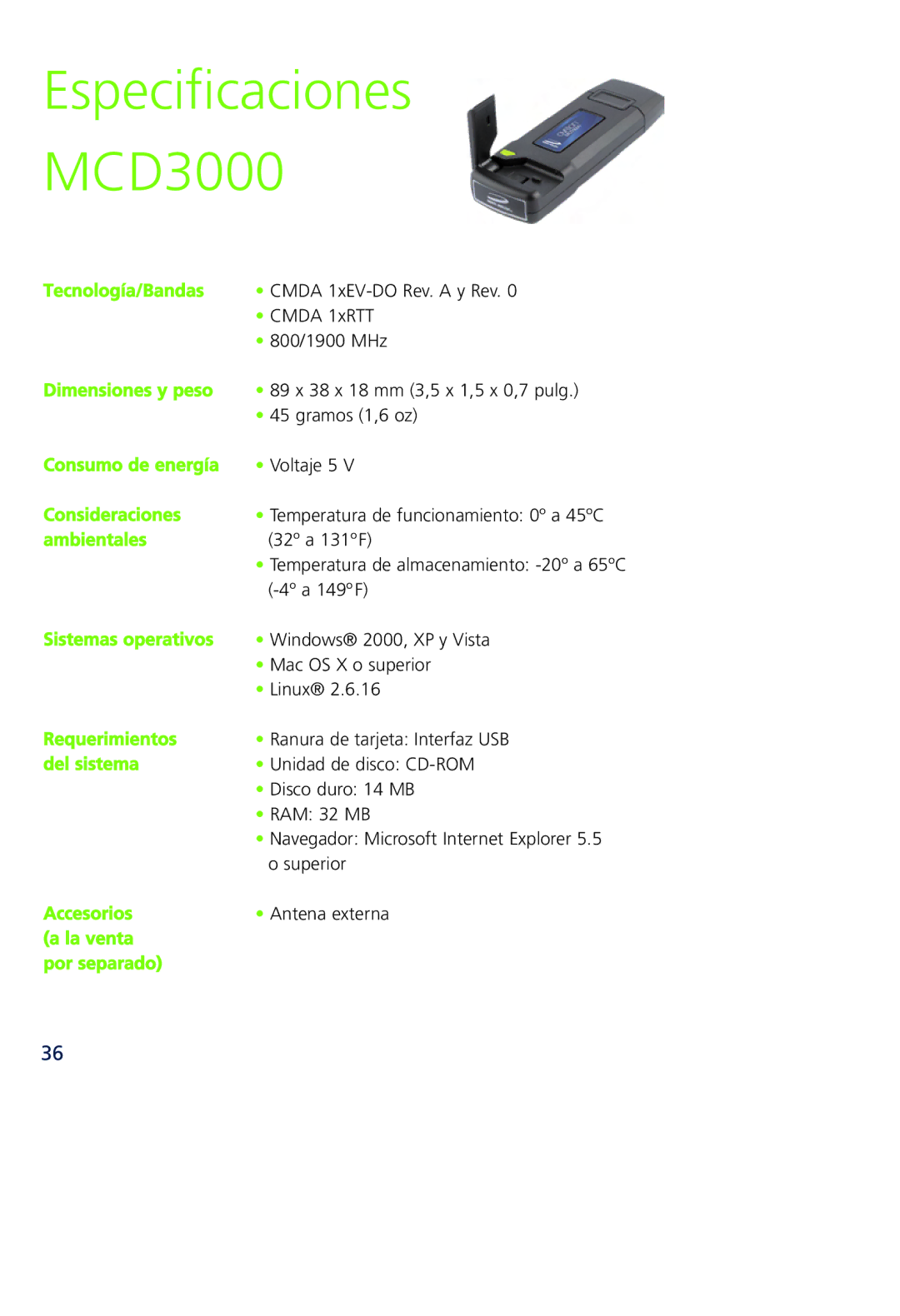 Novatel Wireless quick start Especificaciones MCD3000 