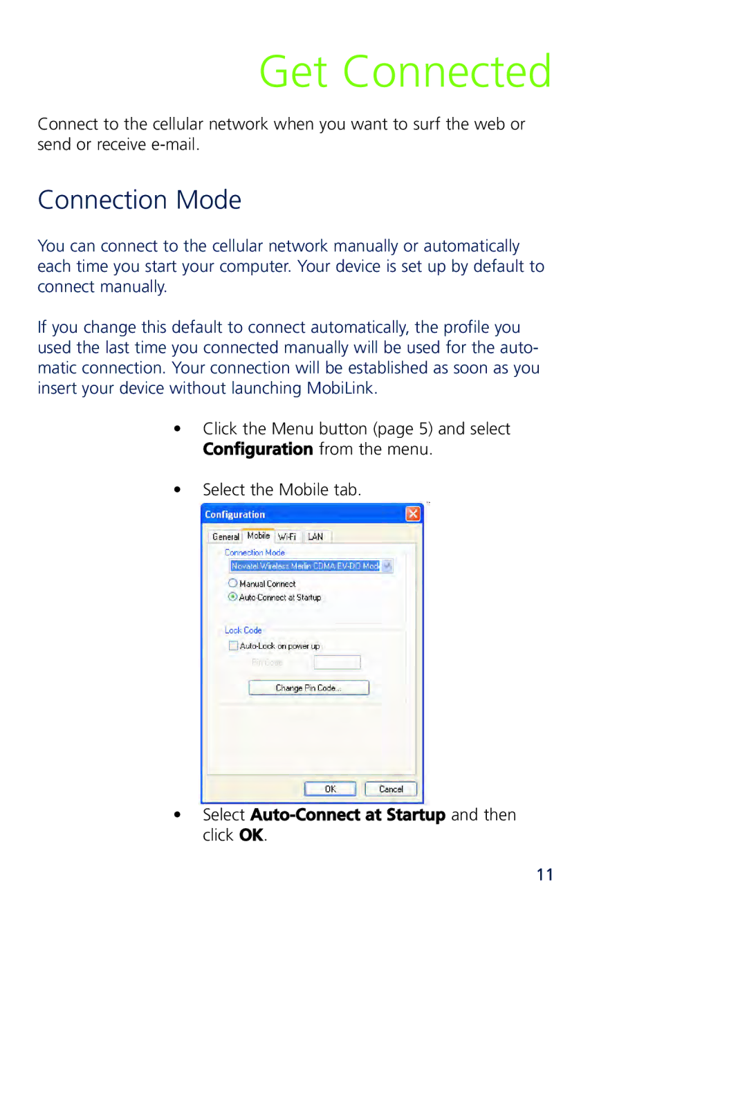 Novatel Wireless MCD3000 quick start Get Connected, Connection Mode 