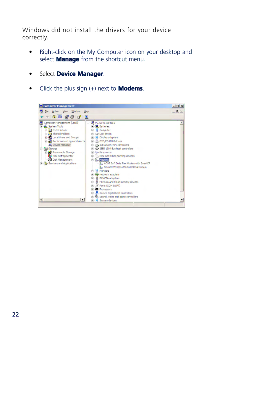 Novatel Wireless MCD3000 quick start Select Device Manager 