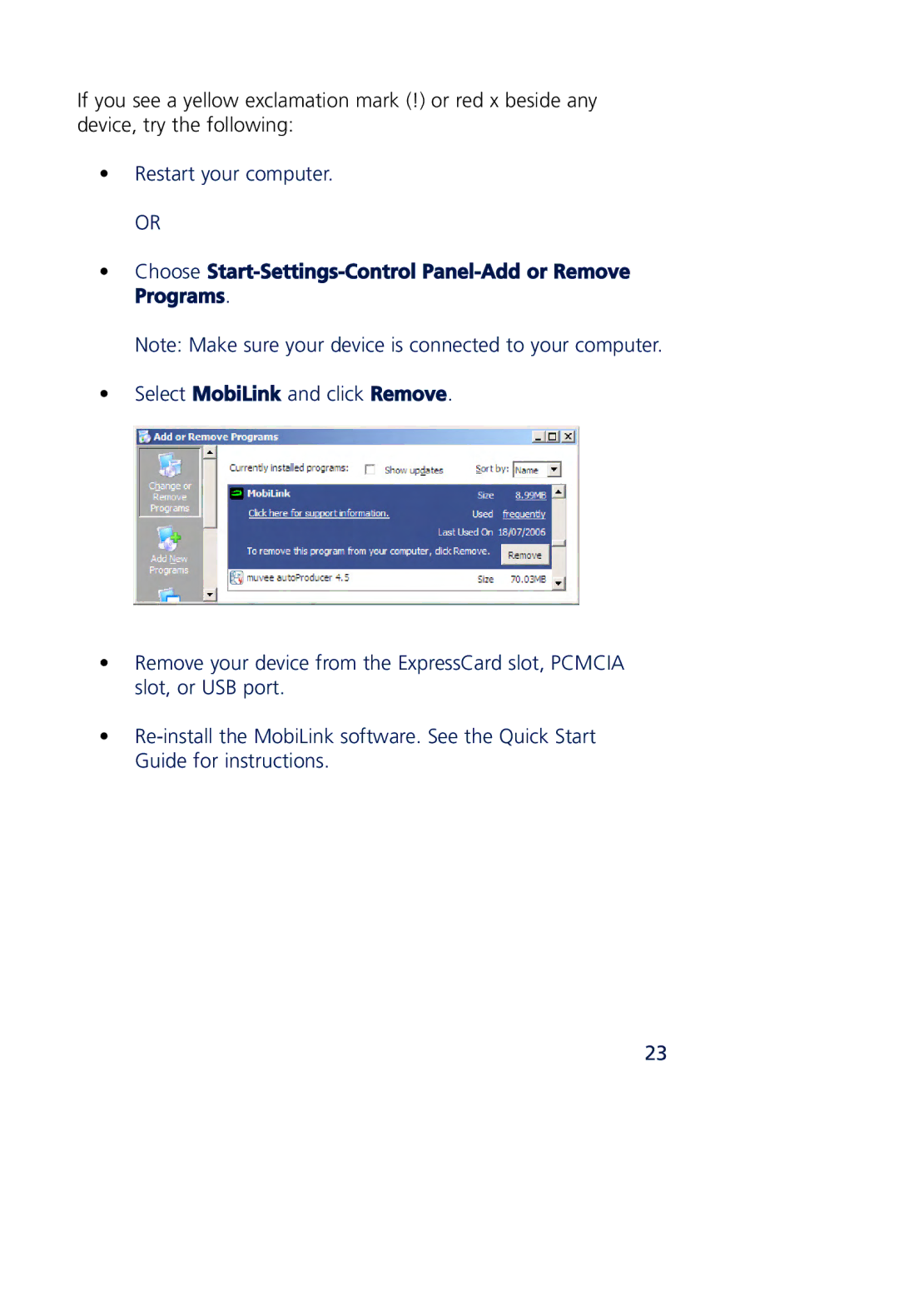 Novatel Wireless MCD3000 quick start Choose Start Settings Control Panel Add or Remove Programs 