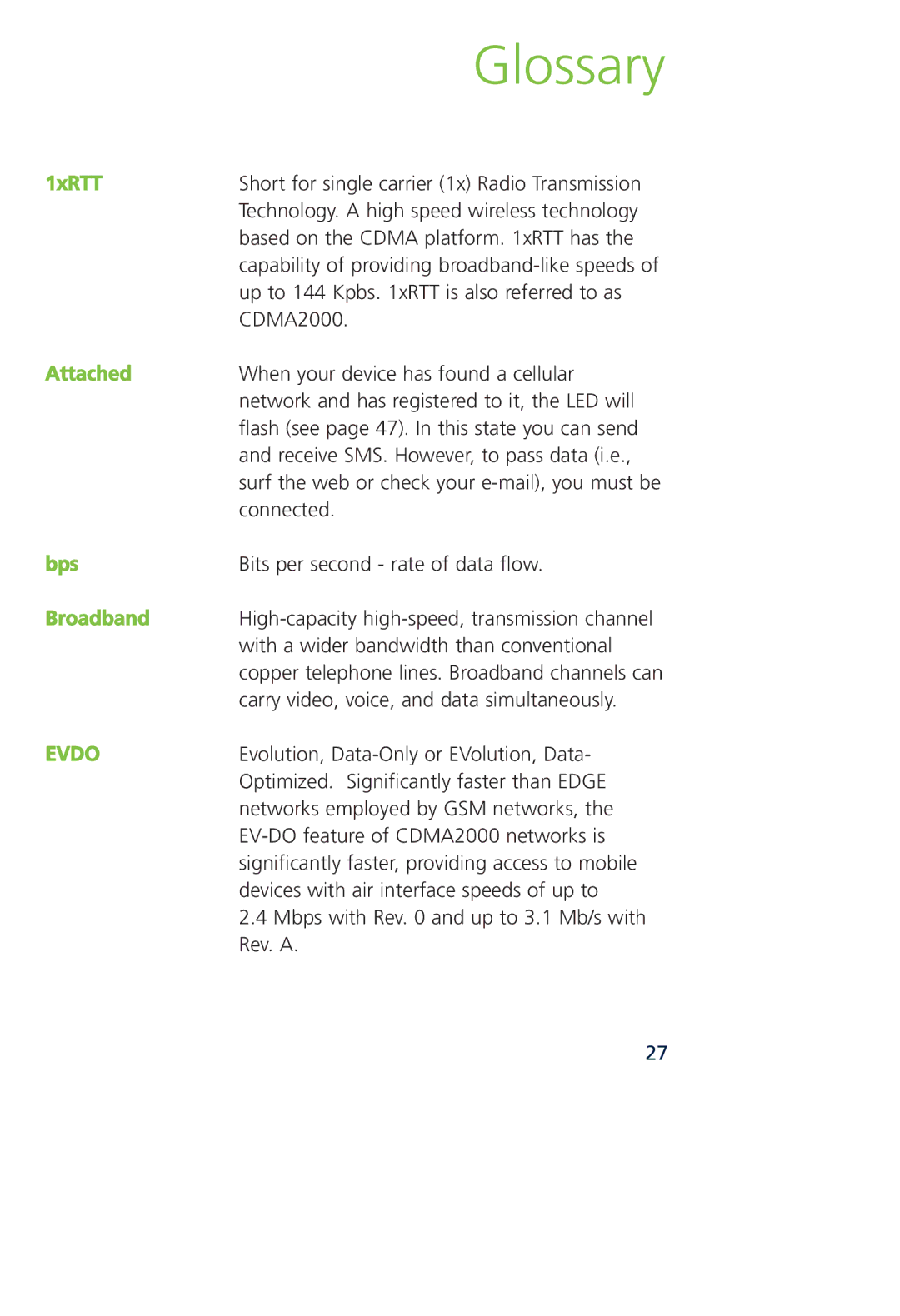 Novatel Wireless MCD3000 quick start Glossary, 1xRTT, Attached, Bps, Broadband 