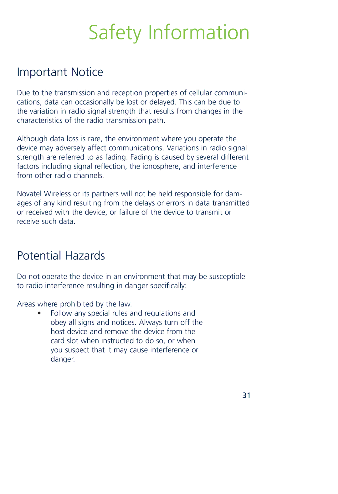 Novatel Wireless MCD3000 quick start Safety Information, Important Notice, Potential Hazards 