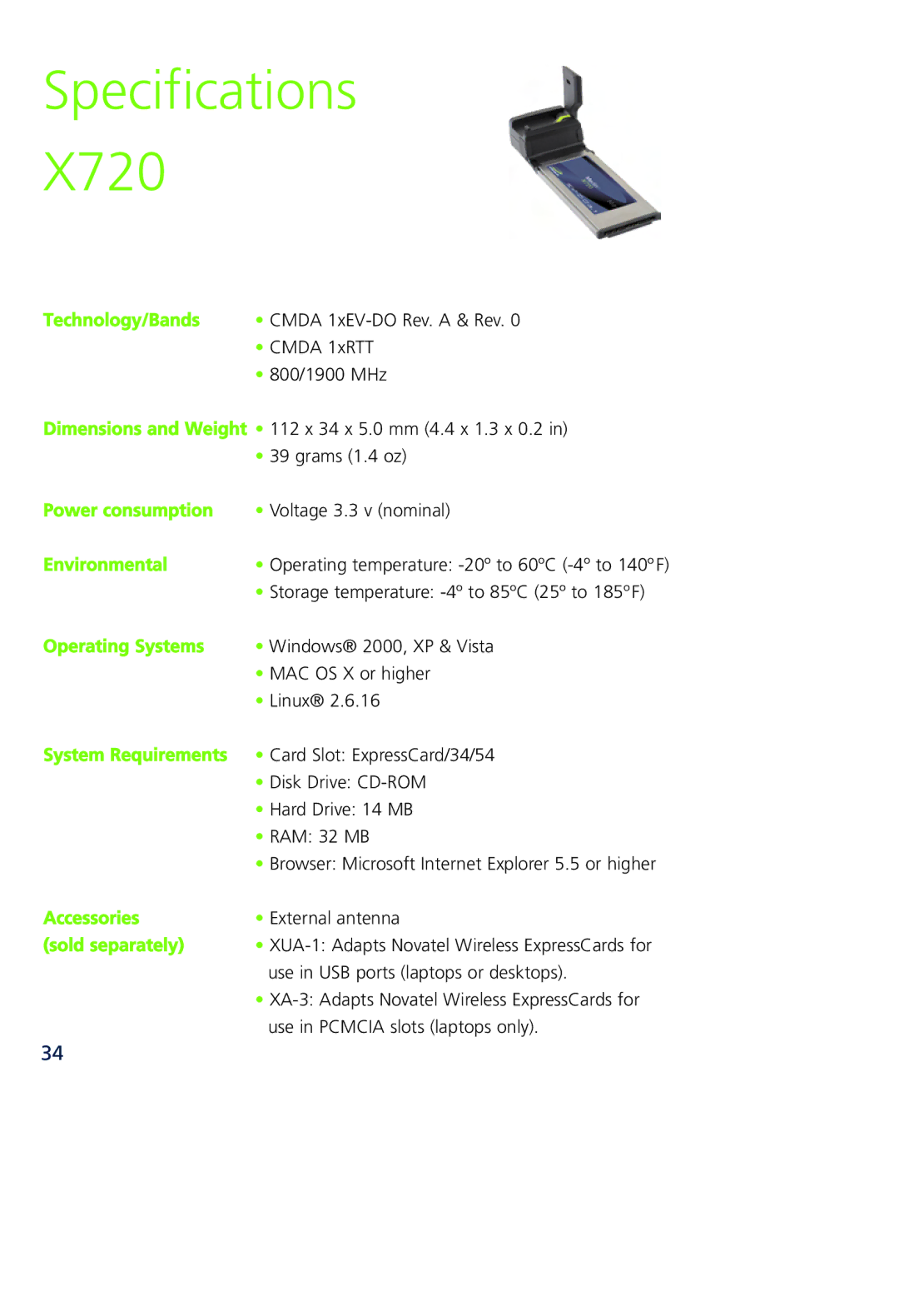 Novatel Wireless MCD3000 quick start Specifications X720, Technology/Bands 