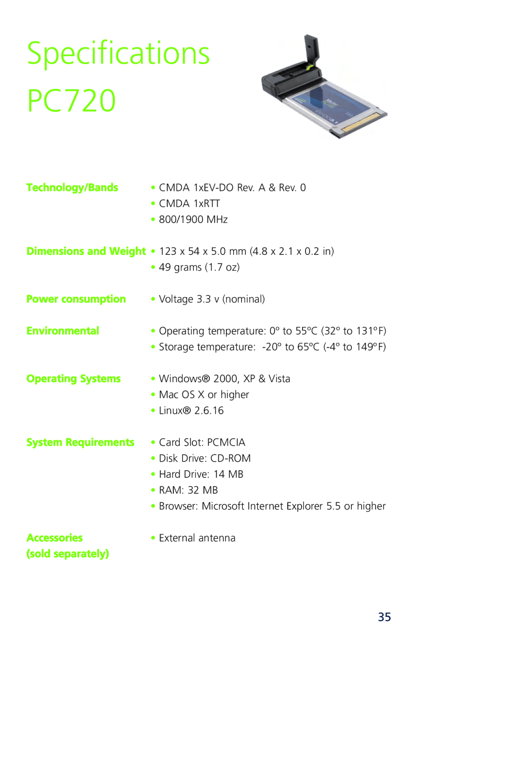 Novatel Wireless MCD3000 quick start Specifications PC720 