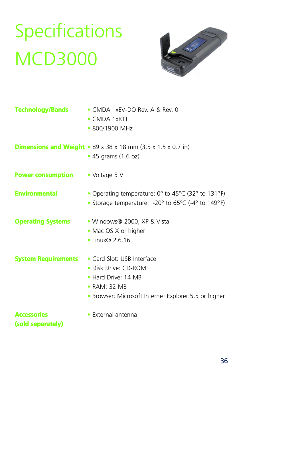 Novatel Wireless quick start Specifications MCD3000 