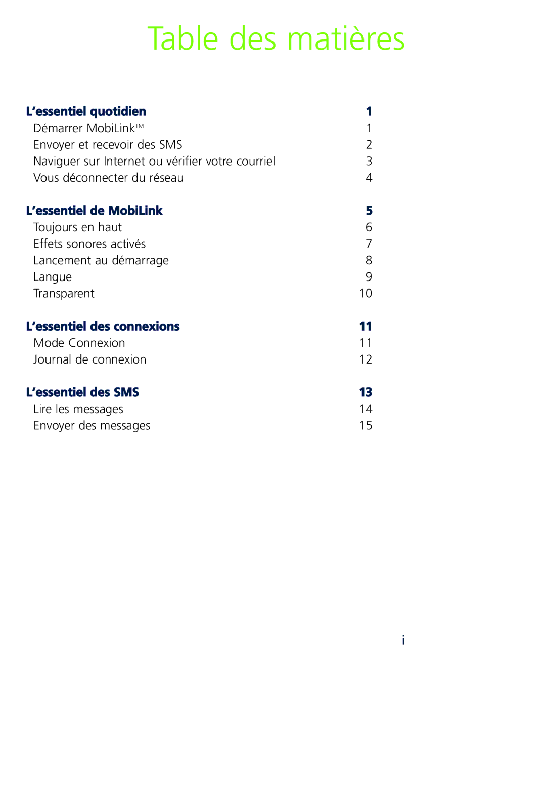 Novatel Wireless MCD3000 quick start Table des matières, ’essentiel quotidien 