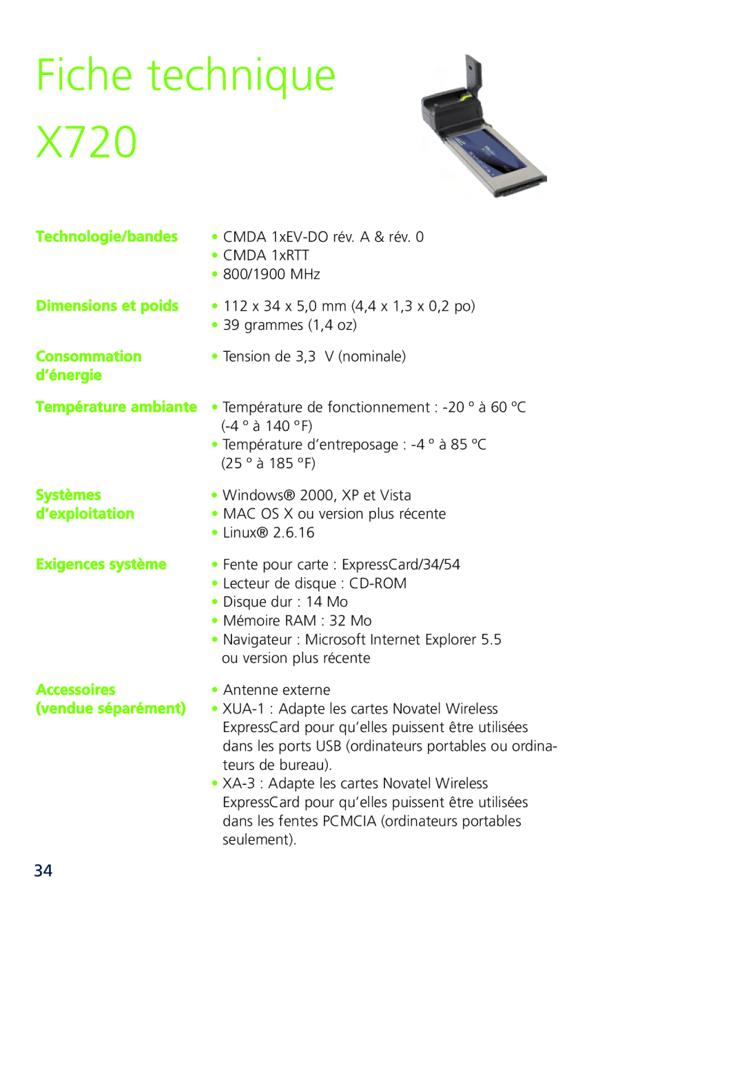 Novatel Wireless MCD3000 quick start Fiche technique X720, ’énergie 