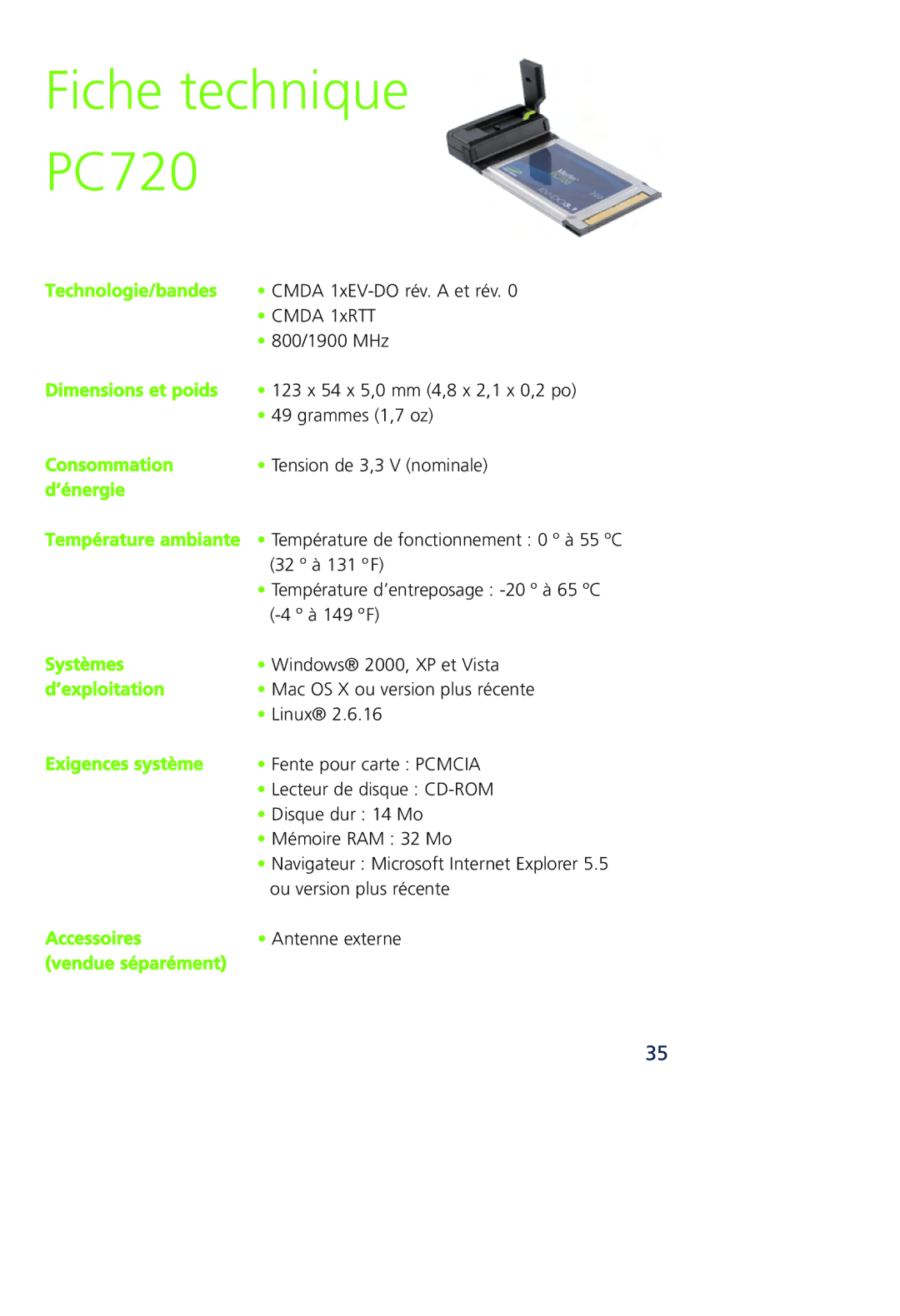 Novatel Wireless MCD3000 quick start Fiche technique PC720 