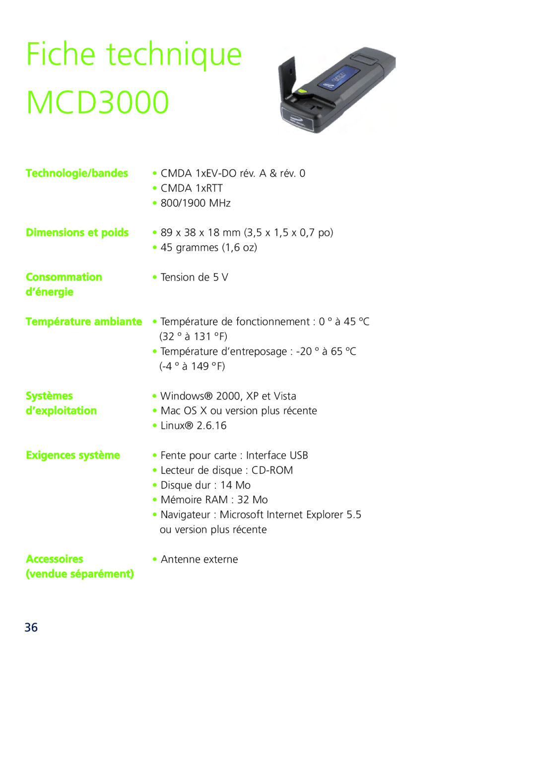 Novatel Wireless quick start Fiche technique MCD3000 