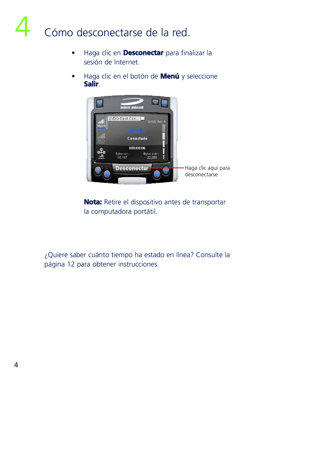 Novatel Wireless MCD3000 quick start Cómo desconectarse de la red 