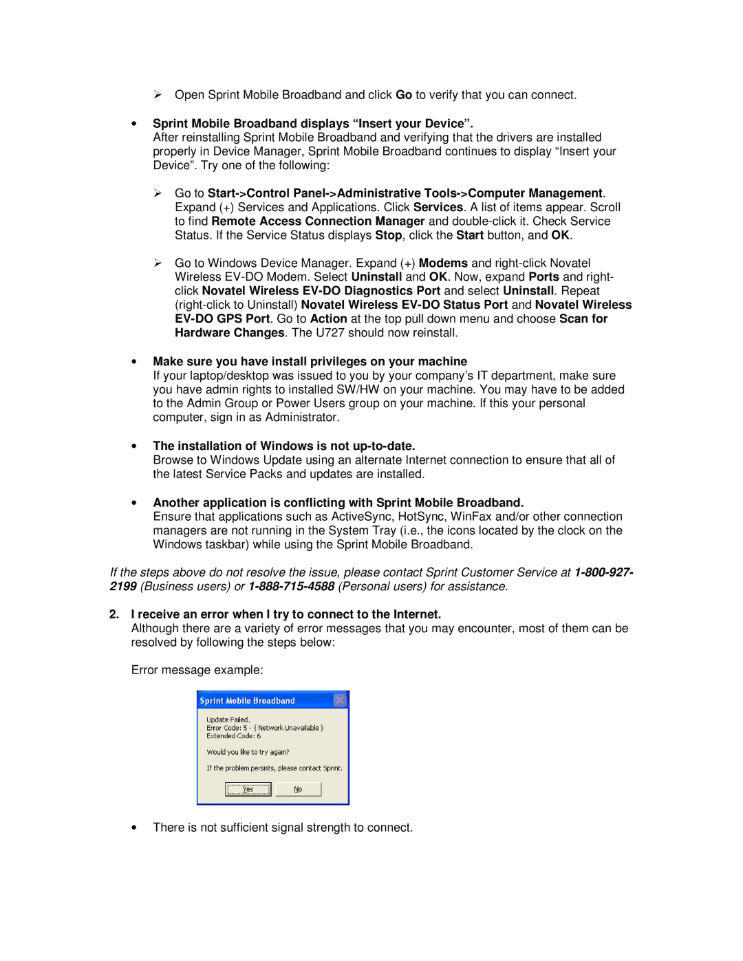 Novatel Wireless U727 manual Sprint Mobile Broadband displays Insert your Device, Installation of Windows is not up-to-date 