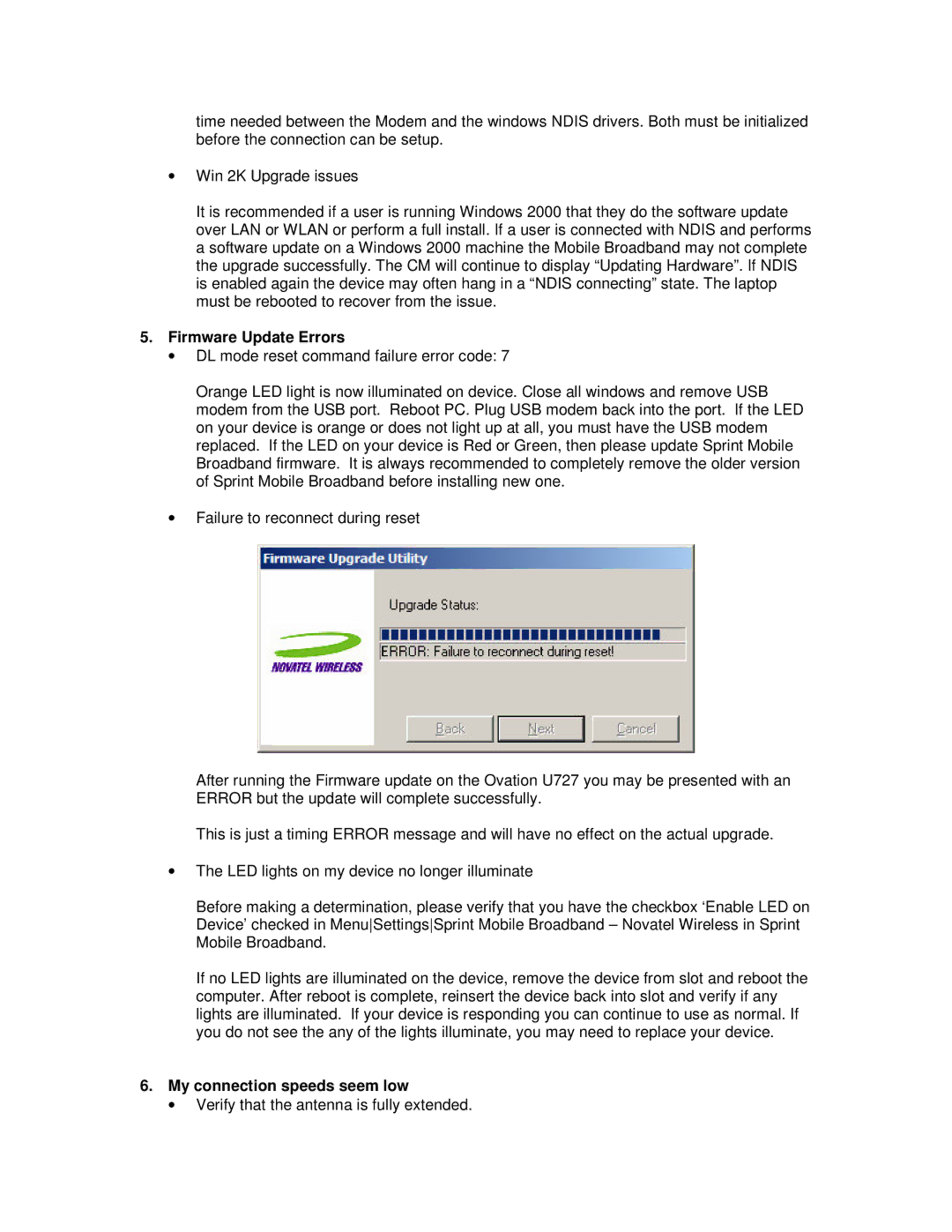 Novatel Wireless U727 manual Firmware Update Errors, My connection speeds seem low 