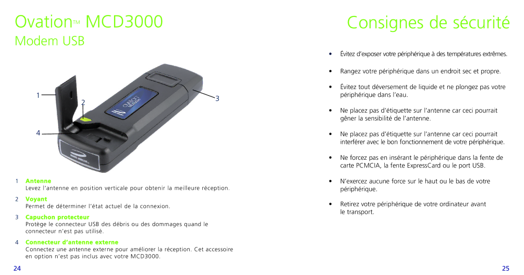 Novatel Wireless PC720, X720 quick start Consignes de sécurité, Modem USB 