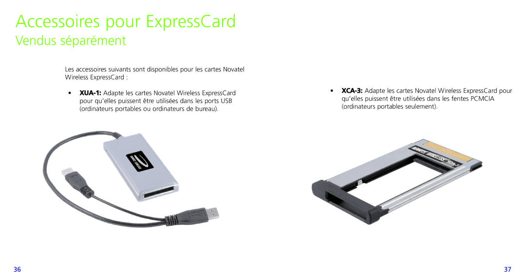 Novatel Wireless PC720, X720 quick start Accessoires pour ExpressCard, Vendus séparément 