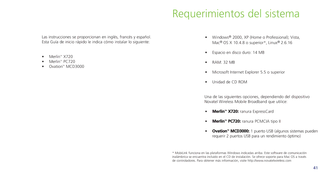 Novatel Wireless PC720, X720 quick start Requerimientos del sistema 