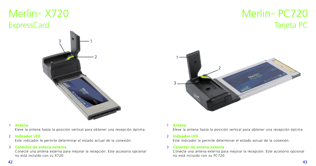 Novatel Wireless X720, PC720 quick start Tarjeta PC, Conector de antena externa 