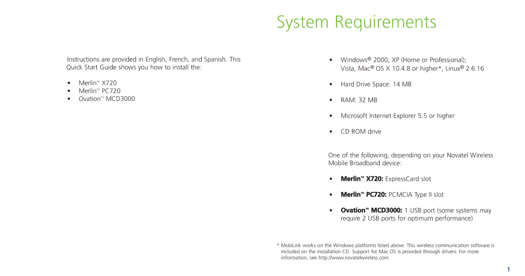 Novatel Wireless PC720, X720 quick start System Requirements 