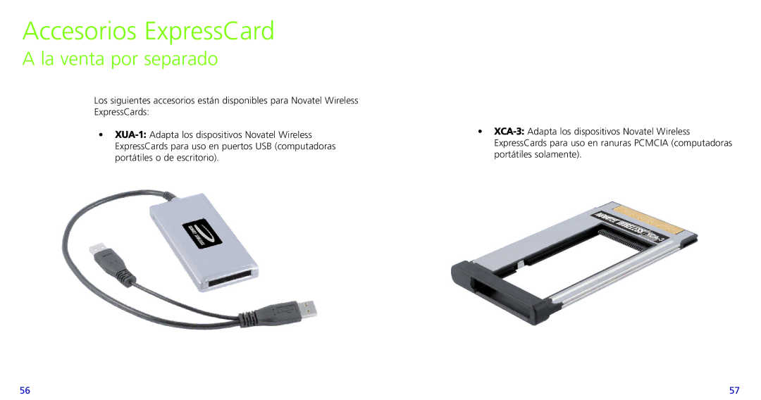 Novatel Wireless PC720, X720 quick start Accesorios ExpressCard, La venta por separado 