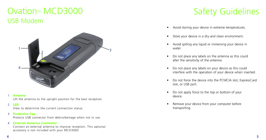 Novatel Wireless PC720, X720 quick start OvationTM MCD3000, Safety Guidelines, USB Modem 