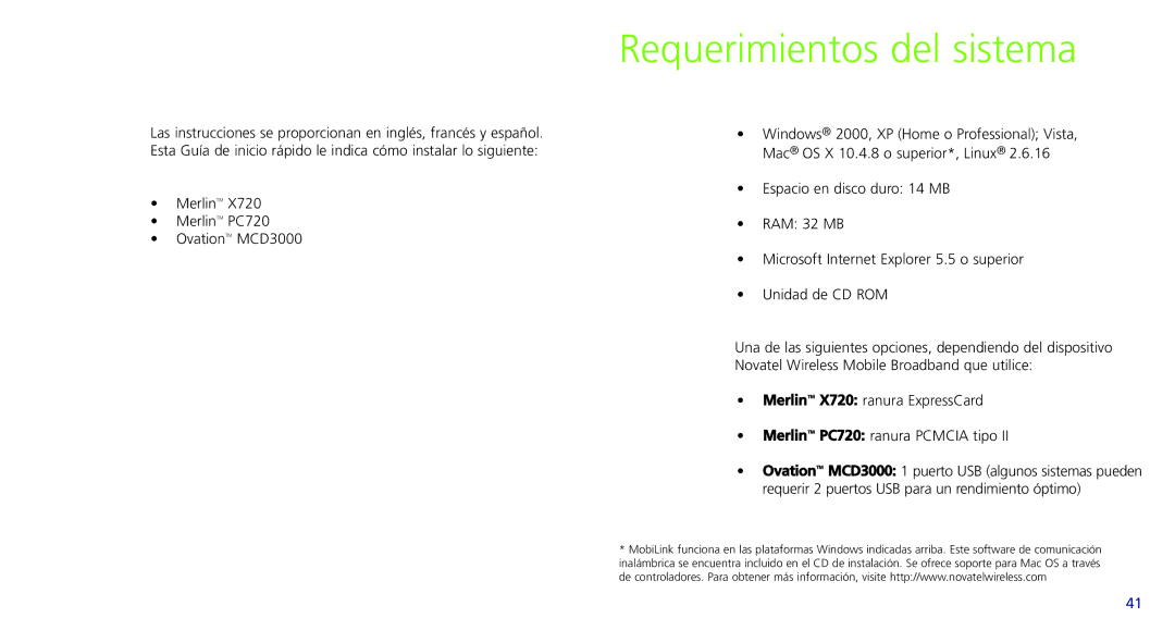 Novatel Wireless X720 quick start Requerimientos del sistema 