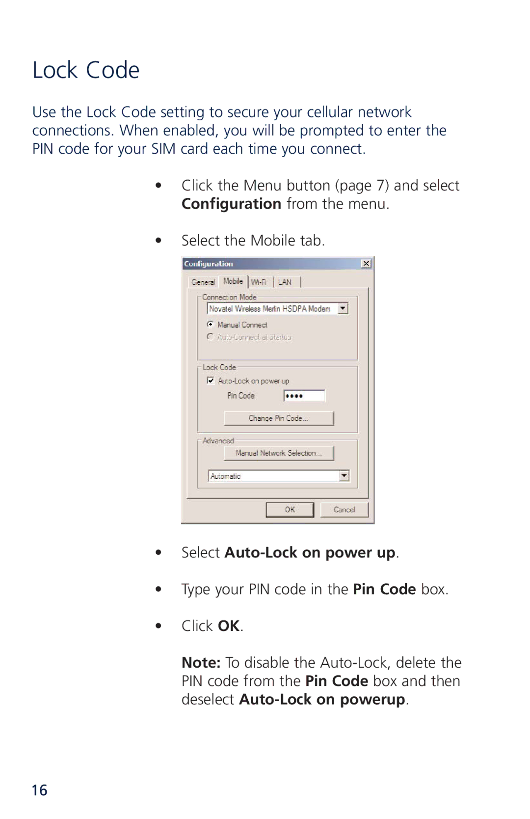 Novatel XU870 manual Lock Code 