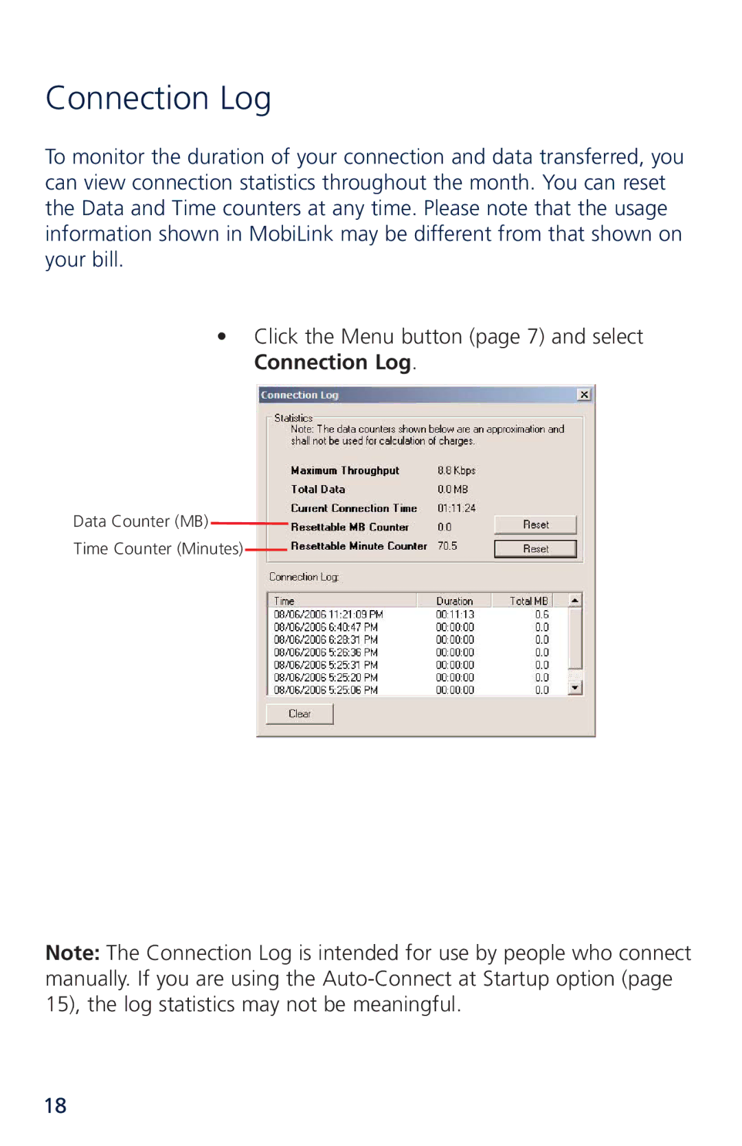 Novatel XU870 manual Connection Log 