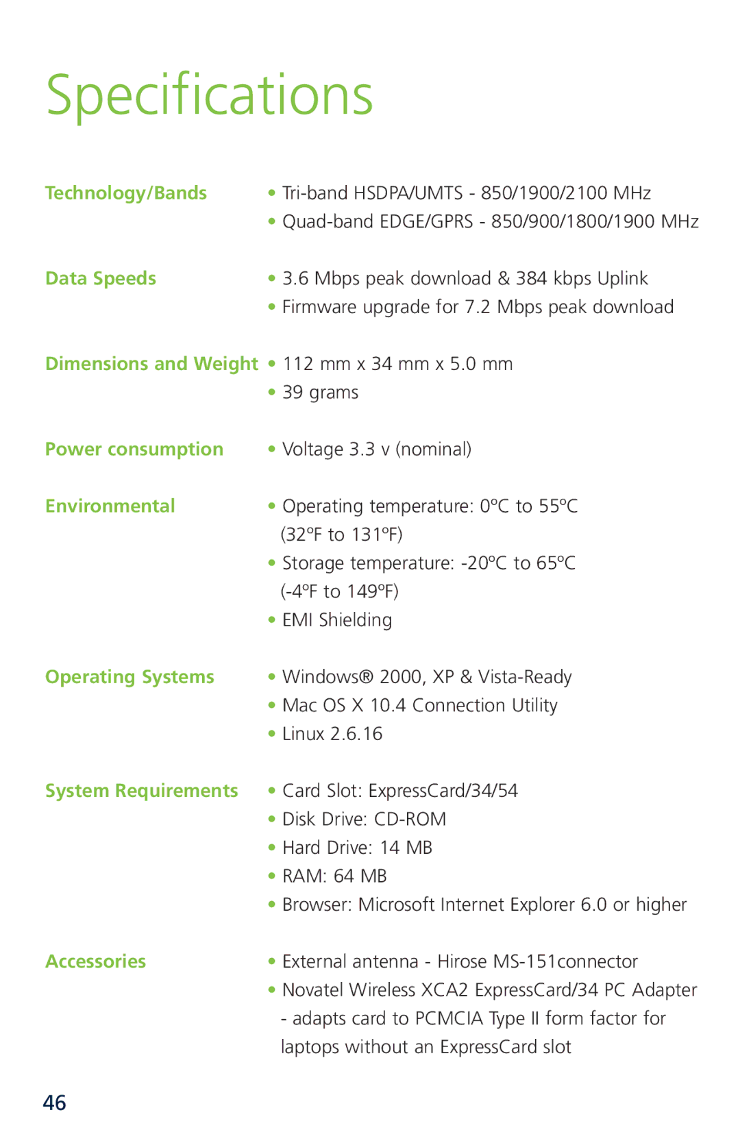 Novatel XU870 manual Specifications, Data Speeds 