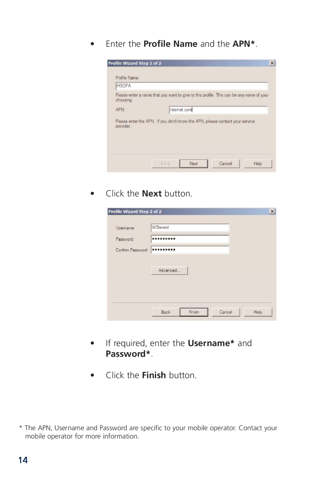 Novatel XU870 manual Enter the Profile Name and the APN Click the Next button 